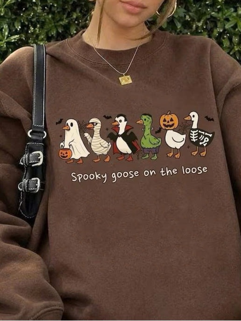 Spooky Goose On The Loose Brown Halloween Graphic Sweatshirt - Women